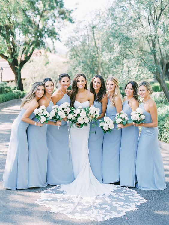 Vestido de novia para invitada/Vestido largo de dama de honor de gasa azul cielo con escote halter y corte en A/Vestido formal